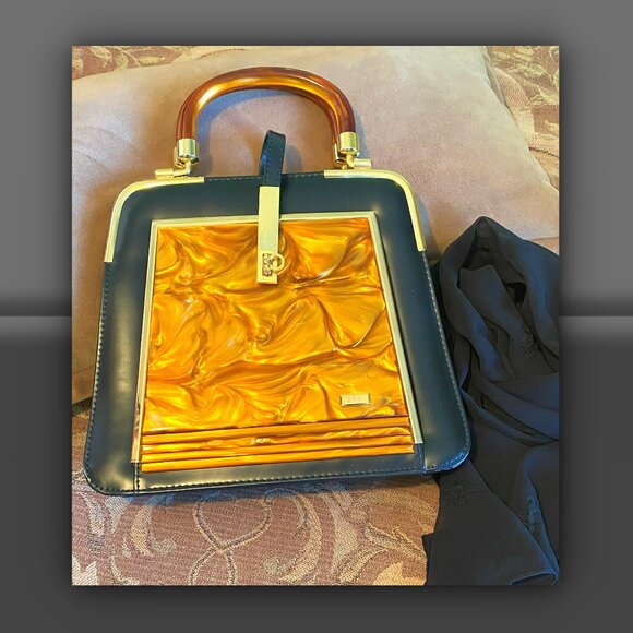 Black Leather Handbag with Amber Swirl Lucite Handles and Panel - Picture 2 of 7